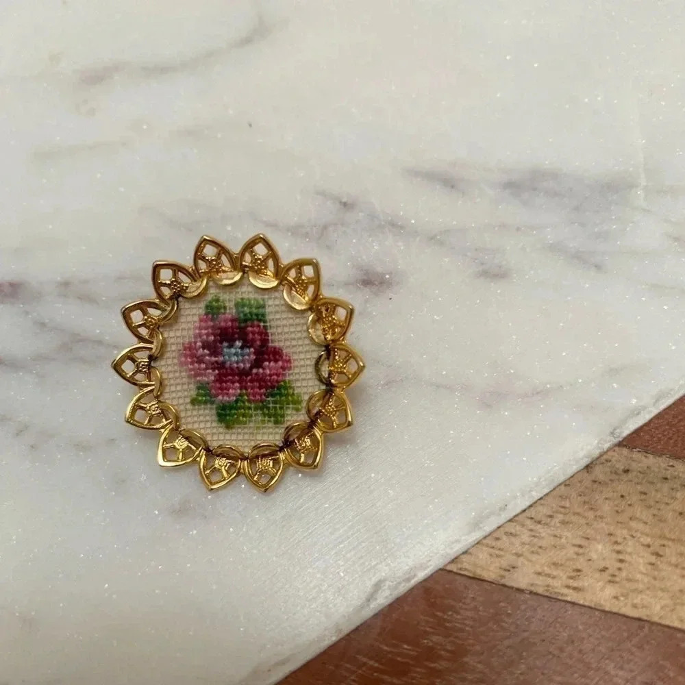Vintage - Fun Miniature Cross Stitch Needlepoint Yellow Gold Tone Brooch